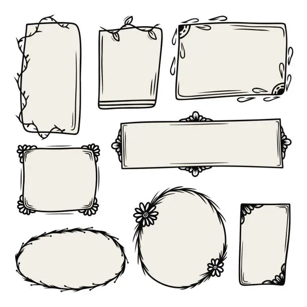 Vector illustration of Set of hand drawn abstract frames with natural elements isolated on a white background. Doodle, simple outline illustration. It can be used for decoration of textile, paper and other surfaces.