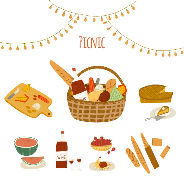 Hand drawn stylized vector illustration of picnic party essentials â basket, picnic table, snacks, wine, beer, lemonade, fruits, cheese, pie, water melon and party garlands. Cartoon abstract doodle style isolated on white background. Hand drawn stylized vector illustration of picnic party essentials â basket, picnic table, snacks, wine, beer, lemonade, fruits, cheese, pie, water melon and party garlands. Cartoon abstract doodle style isolated on white background apple pie cheese stock illustrations