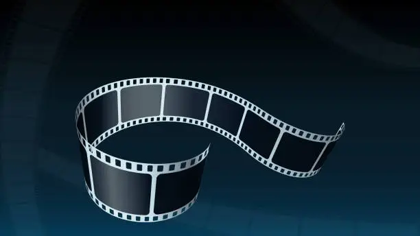 Vector illustration of Camera film roll isolated on abstract blue background. Realistic film strip in perspective for projection, movie and cinema design. Isometric 35mm foto and movie film roll vector illustration.