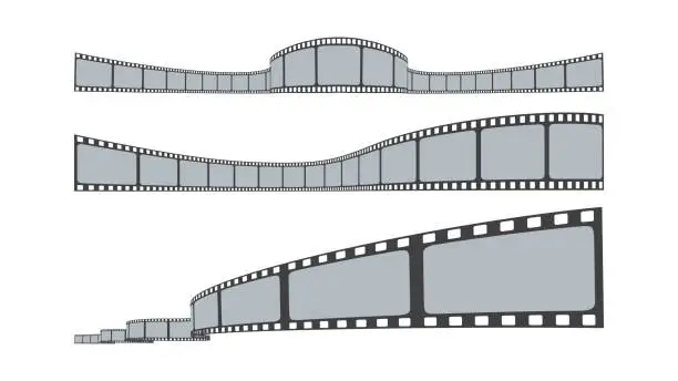 Vector illustration of Realistic film strips collection isolated on white background. Retro 35mm foto and movie film roll vector set. Set of blank cinema film strip frames with different shape effect and empty space.