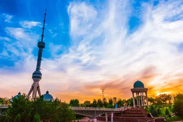 Tashkent Television Tower seen from the park at the Memorial to the Victims of Repression in Tashkent, Uzbekistan