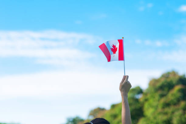 istock hand holding Canada flag on blue sky background. Canada Day  and happy celebration concepts 1324658884