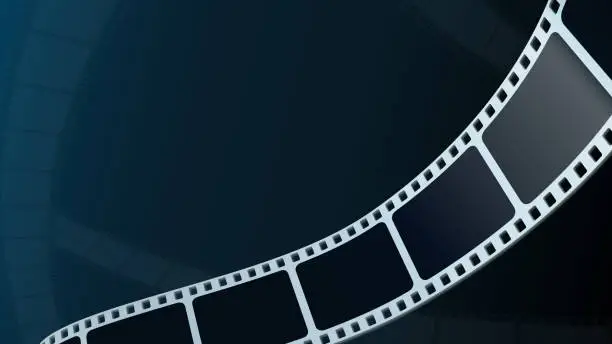 Vector illustration of Realistic film strip in perspective isolated on blue background. 3D isometric film strip. Video tape part, illustration of cinematography multimedia photography. 35mm foto and movie film roll vector.