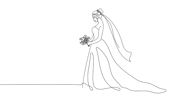 Bride holding a bouquet continuous line drawing.One line bride silhouette side view wearing a wedding dress.Continuous line hand drawn vector illustration for wedding,bridal shower invitation