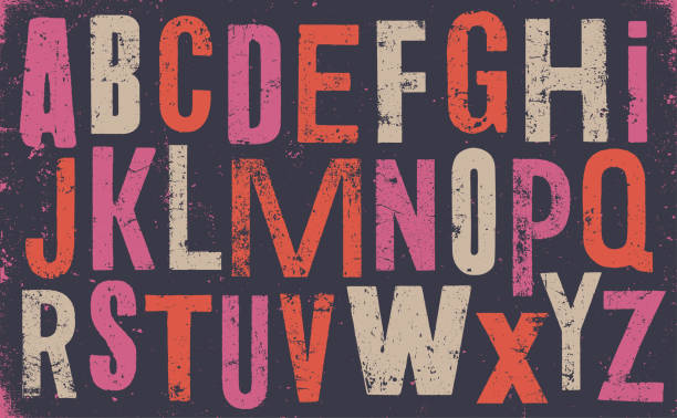 Distressed old uppercase alphabet color - v1 Vector distressed old uppercase alphabet. Color weathered letters on dark background. printout stock illustrations