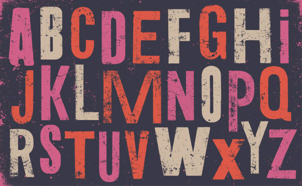 Distressed old uppercase alphabet color - v1 Vector distressed old uppercase alphabet. Color weathered letters on dark background. typographies stock illustrations