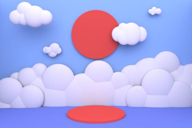 istock Minimal Red sun and cartoon clounds pastel stage. 1324659849
