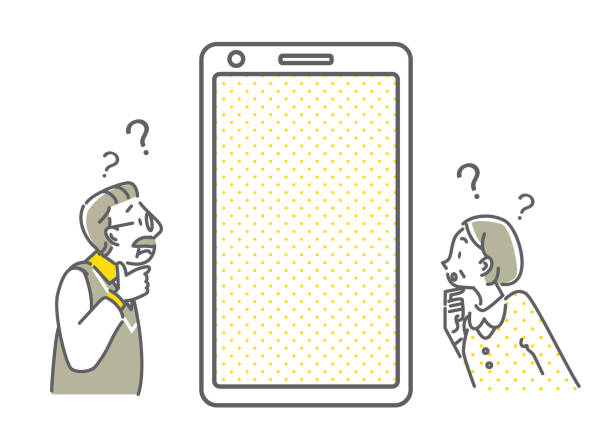ilustrações, clipart, desenhos animados e ícones de smartphone em branco e pessoas, bicolor - senior adult retirement question mark worried