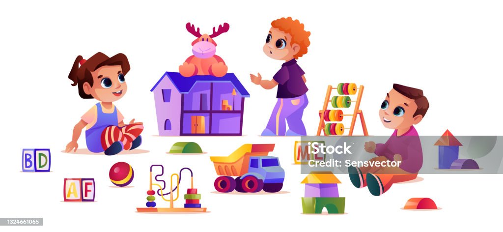 Boys And Girl Playing Games And Toys In Kindergarten Kids With Doll House  And Educational Cubes Truck And Pyramids Development And Socialization In  School Cartoon Character Vector In Flat Style Stock Illustration -