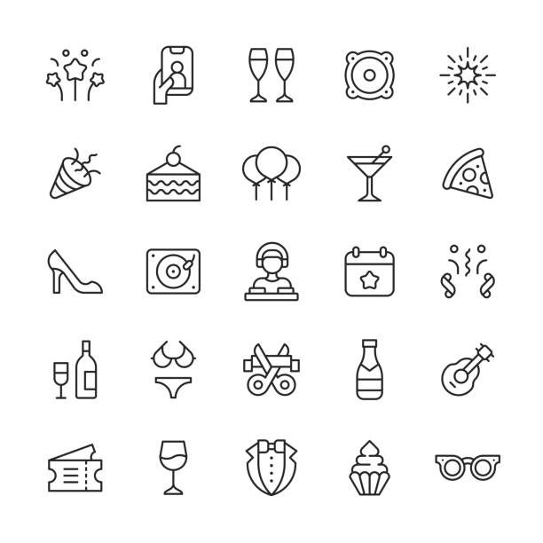 Party Line Icons. Editable Stroke. Pixel Perfect. For Mobile and Web. Contains such icons as Birthday, Champagne, Clubbing, Confetti, DJ, Dress, Drink, Event, Fireworks, Fun, Gift, Influencer, Music, Festival, Night Club, Night Life, Piñata, Selfie. 25 Party Outline Icons. Alcohol, Balloon, Beer, Bikini, Birthday, Cake, Calendar, Champagne, Clubbing, Confetti, Dance, Date, Dessert, Disco Ball, DJ, Dress, Drink, Event, Fast Food, Fireworks, Food, Fun, Gift, Guitar, Headphones, High Heels, Influencer, Like, Microphone, Music, Music Festival, Night Club, Night Life, Party, Photo, Photography, Pizza, Piñata, Selfie, Smartphone, Speaker, Summer, Sun, Sunburst, Sunglasses, Swimming Suit, Technology, Ticket, Tuxedo, Vacation, Wine. happy birthday best friend stock illustrations