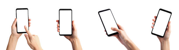 istock Set of woman using smartphone with empty screen isolated on white background. Female hands with phone, space for text 1324664680