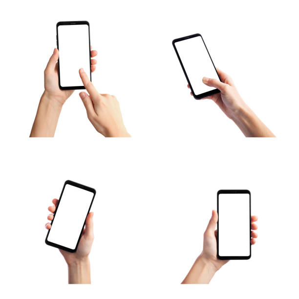 istock Set of woman using smartphone with empty screen isolated on white background. Female hands with phone, space for text 1324664729