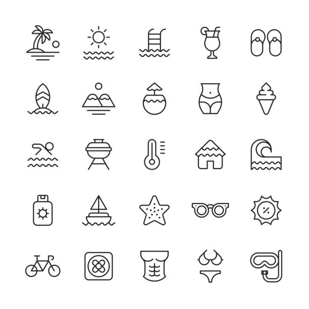 ilustrações de stock, clip art, desenhos animados e ícones de summer line icons. editable stroke. pixel perfect. for mobile and web. contains such icons as abs, beach, bike, cruise, discount, diving, drink, grill, hat, ice cream, island, lifebuoy, motorhome, palm tree, ship, starfish, surfing, tropical. - beach nautical vessel party clothing