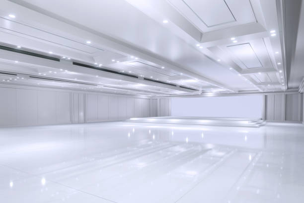 istock Empty convention hall center with stage.The backdrop for exhibition stands,booth elements. Meeting room for the conference.Big Arena for entertainment,concert,event. ballroom.3d render. 1324667115