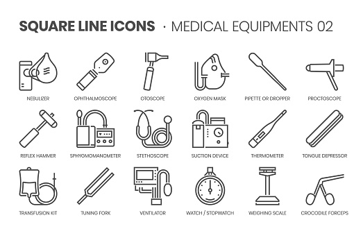 Medical equipments, square line vector icon set.