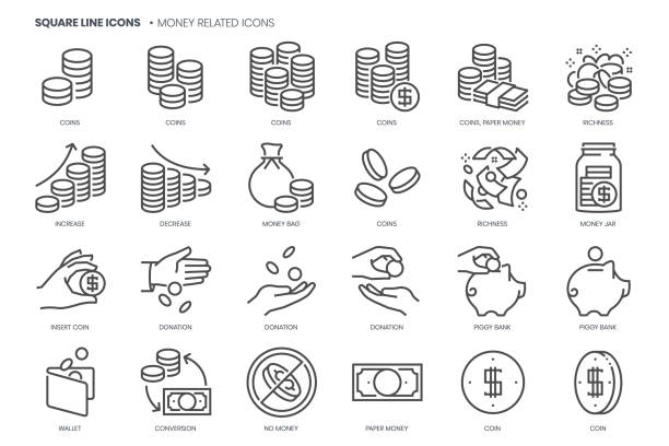 pojęcia związane z pieniędzmi, kwadratowy zestaw ikon wektorowych linii. - money stock illustrations
