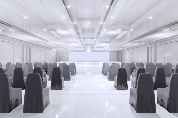 istock Empty convention hall center with stage.The backdrop for exhibition stands,booth elements. Meeting room for the conference.Big Arena for entertainment,concert,event. ballroom.3d render. 1324667223