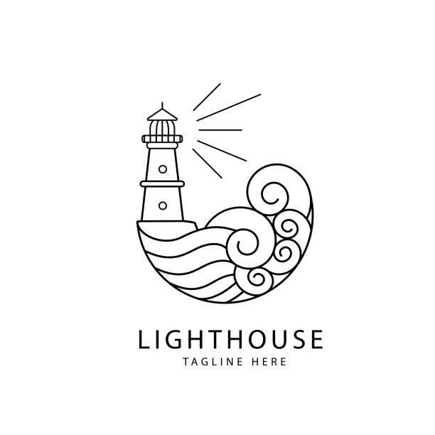 leuchtturm-logo mit ozean welle linie kunst stil design illustration - lighthouse reef stock-grafiken, -clipart, -cartoons und -symbole