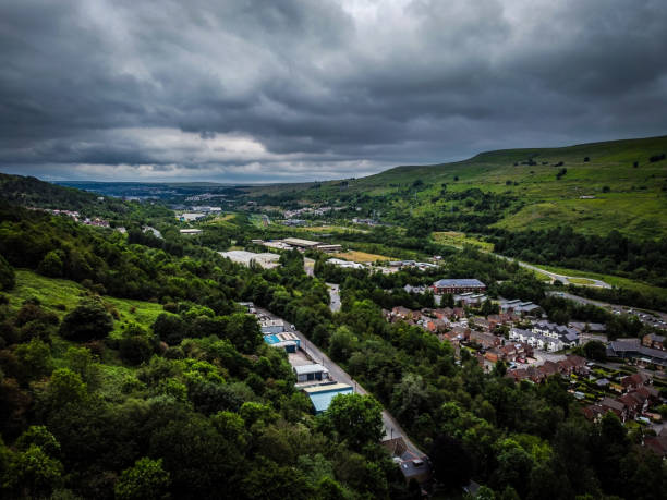 Aerial view of Ebbw Vale in Wales Aerial view of Ebbw Vale in Wales on a cloudy day. merthyr tydfil stock pictures, royalty-free photos & images