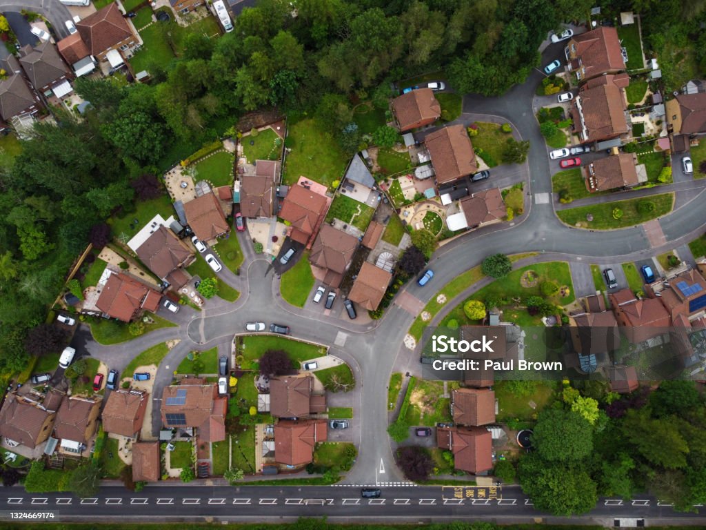 Looking down on a Welsh residential estate Looking down on a Welsh residential estate at Victoria near Ebbw Vale. Residential Building Stock Photo