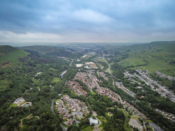 Aerial view of Ebbw Vale in Wales Aerial view of Ebbw Vale in Wales on a cloudy day. merthyr tydfil stock pictures, royalty-free photos & images