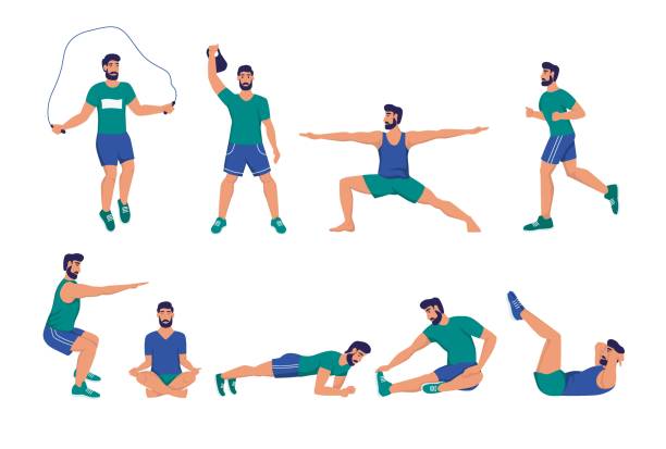 ilustrações de stock, clip art, desenhos animados e ícones de a set of young men playing sports. squats, push-ups, plank, meditation, yoga, stretching. sports at home, street workout, healthy lifestyle. flat cartoon vector illustration. - exercising men push ups muscular build