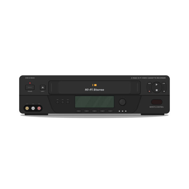 VHS video player and recorder VCR with hi-fi video and high quality video. 90s videocassette player and recorder. Realistic vector video player image. VHS cassette black player. eject button stock illustrations