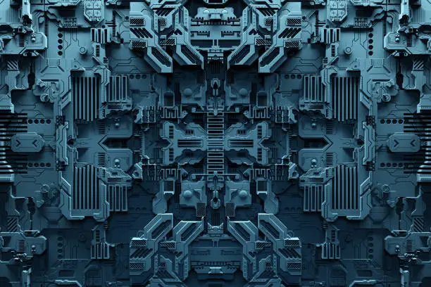 Detail of a futuristic  machine. 3D illustration of a futuristic wall made of various details under orange neon lights. Cyberpunk background. Industrial wallpaper. Grunge details