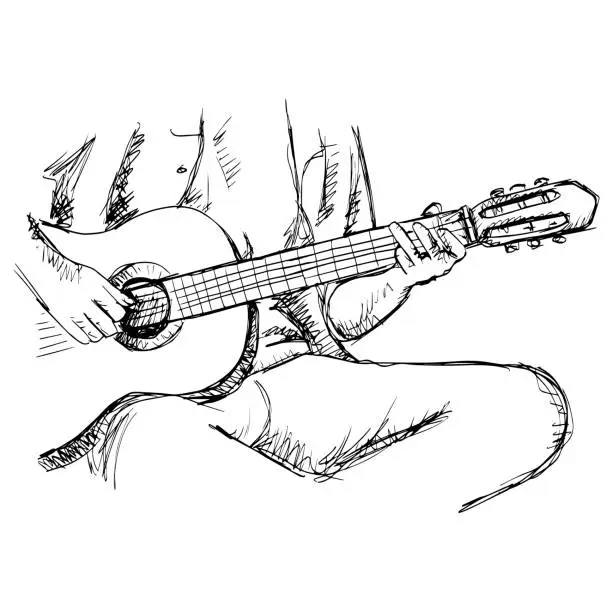 Vector illustration of Sketch of man hands playing with guitar.