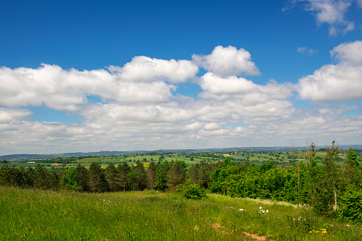 A tranquil view of surrounding countryside from the top of a hill near Teversal in Nottinghamshire, England.