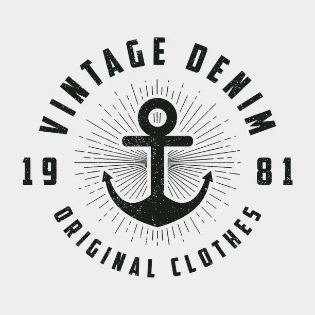 Vector illustration of Vintage denim print for t-shirt, original clothes design with anchor and line sunburst. Retro hipster style logo for apparel. Vector