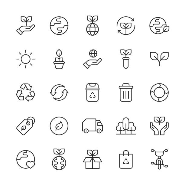 Ecology Line Icons. Editable Stroke. Pixel Perfect. For Mobile and Web. Contains such icons as Agriculture, Charity, Climate, Donation, Earth, Electric Vehicle, Energy, Environment, Flower, Global Warming, Leaf, Nature, Plant, Recycling, Solar Energy. 25 Ecology Outline Icons. Agriculture, Animal, Bag, Battery, Bike, Bio, Biology, Charity, Clean Energy, Climate, Climate Change, Donation, Earth, Ecology, Electric Car, Electric Vehicle, Energy, Environment, Factory, Farm, Flask, Flower, Forest, Garbage Bin, Garbage Truck, Global Warming, Globe, Green, Hand, Leaf, Lightbulb, Nature, Organic, Park, Petrol Station, Plant, Pollution, Recycling, Shopping, Solar Energy, Sun, Tag, Volunteer Work, Waste, Water, Wind. sustainability stock illustrations