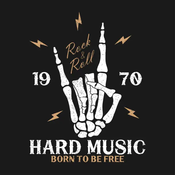 Vector illustration of Rock music print with skeleton hand and lightning. Vintage rock-n-roll logo with lettering and grunge. Design for t-shirt, clothes, apparel. Vector