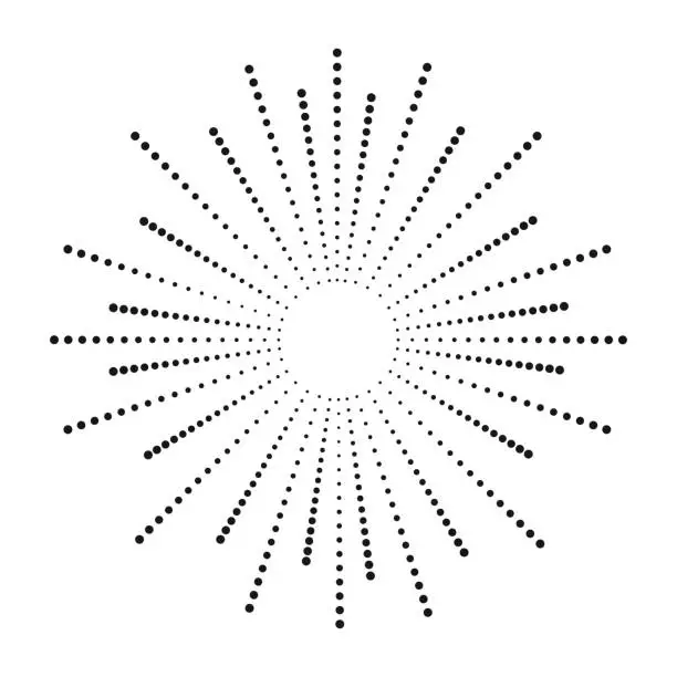 Vector illustration of Dot sunburst. Halftone effect beams. Sun ray from points. Abstract dotted background. Vector