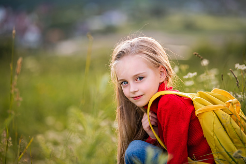 Cute charming little girl playing in the summer field