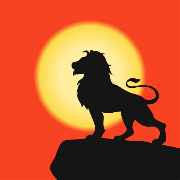 istock Lion on a rock - black silhouette on background of the sunset. African Safari. Vector 1324673779