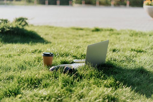 Headphones, laptop, mobile phone on the grass. Listen to music and working concept. Coffee cup and cellphone. Summer background.