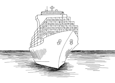 Cargo ship graphic black white sea landscape sketch illustration vector