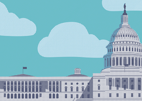 Vector banner with US Capitol building in Washington, DC. The Western facade of the Capitol. Stylized illustration of the American national landmark close-up in retro style