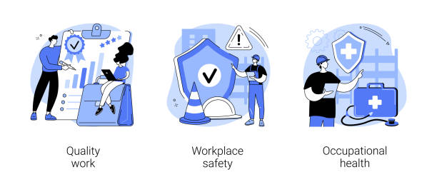 Working environment abstract concept vector illustrations. Working environment abstract concept vector illustration set. Quality work, workplace safety, occupational health, employee performance, workplace assessment, injury prevention abstract metaphor. safety stock illustrations