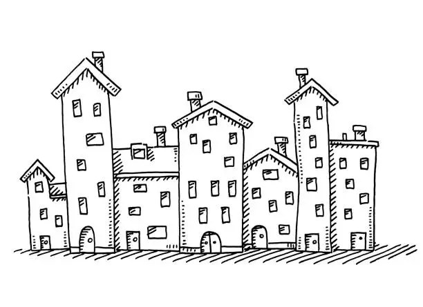 Vector illustration of Group Of Cartoon Buildings Drawing