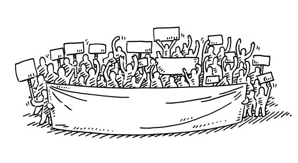 Protest Crowd Blank Banners Drawing Hand-drawn vector drawing of a Protest Crowd Blank Banners. Black-and-White sketch on a transparent background (.eps-file). Included files are EPS (v10) and Hi-Res JPG. crowd of people drawings stock illustrations