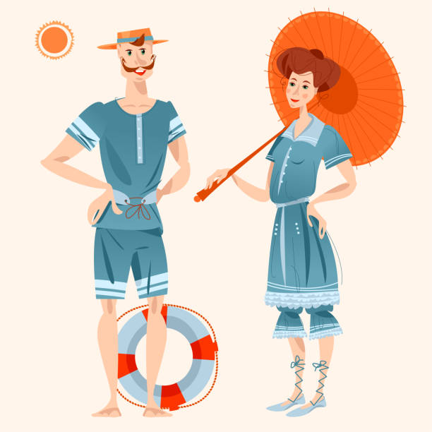 Couple in retro swimsuits. Victorian style. Beach holiday. Travel and tourism. Couple in retro swimsuits. Victorian style. Beach holiday. Travel and tourism. Vector illustration victorian swimwear stock illustrations