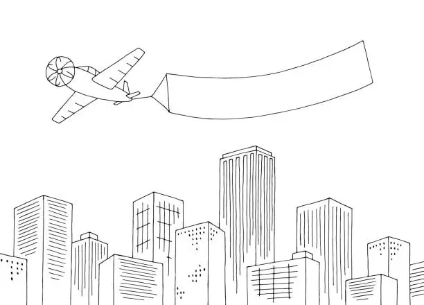 Vector illustration of Airplane banner flying over the city graphic black white landscape sketch illustration vector