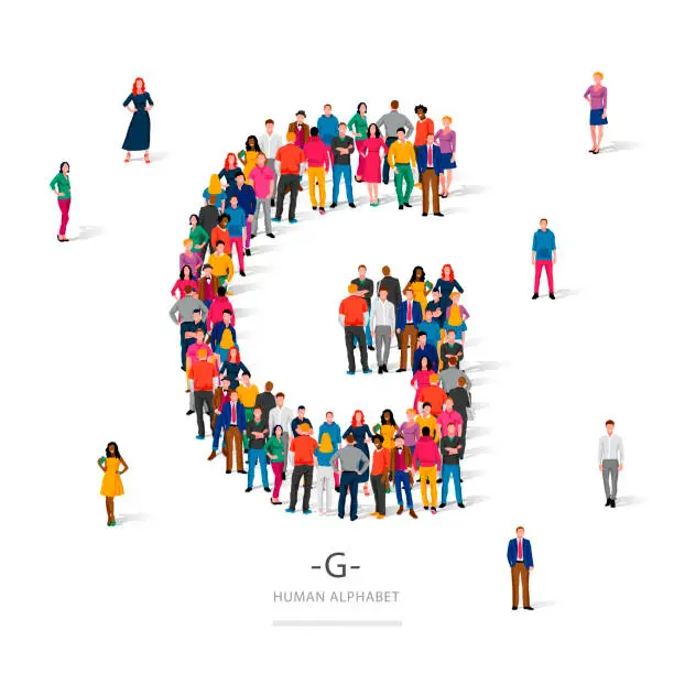 Vector illustration of A large group of people is standing in colored clothes in the shape of the letter G. The concept of the human alphabet.