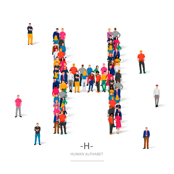 ilustrações, clipart, desenhos animados e ícones de um grande grupo de pessoas está em pé em roupas coloridas na forma da letra h. o conceito do alfabeto humano. - business standing out from the crowd individuality discovery