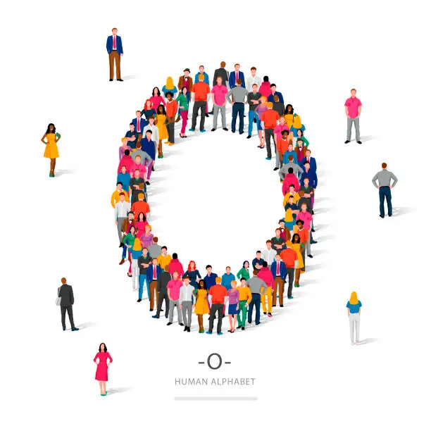 Vector illustration of A large group of people is standing in colored clothes in the shape of the letter O. The concept of the human alphabet.