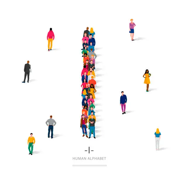 Vector illustration of A large group of people is standing in colored clothes in the shape of the letter I. The concept of the human alphabet.