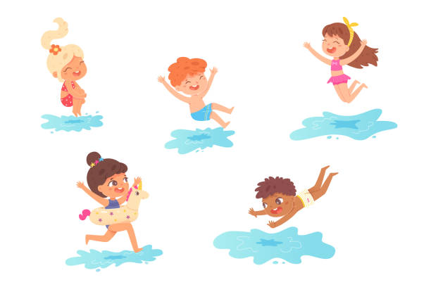 ilustrações de stock, clip art, desenhos animados e ícones de children jumping into water on summer vacations set. little boys and girls having fun vector illustration. kids spending holidays in seaside or swimming pool on white background - swimming child swimwear little boys