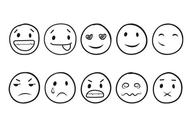 A set of round vector faces, different emotions. Set of emoticons cute emoticon linear style. A set of round vector faces, different emotions. Set of emoticons cute emoticon linear style. Black on white background smiley face drawing stock illustrations